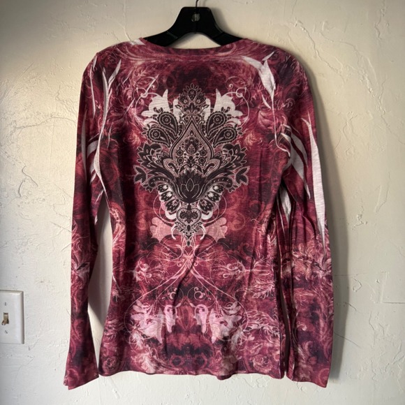 Daytrip Y2k Burgundy Burnout Paisley Rhinestone Long Sleev Top Grunge Whimsigoth - Picture 7 of 7
